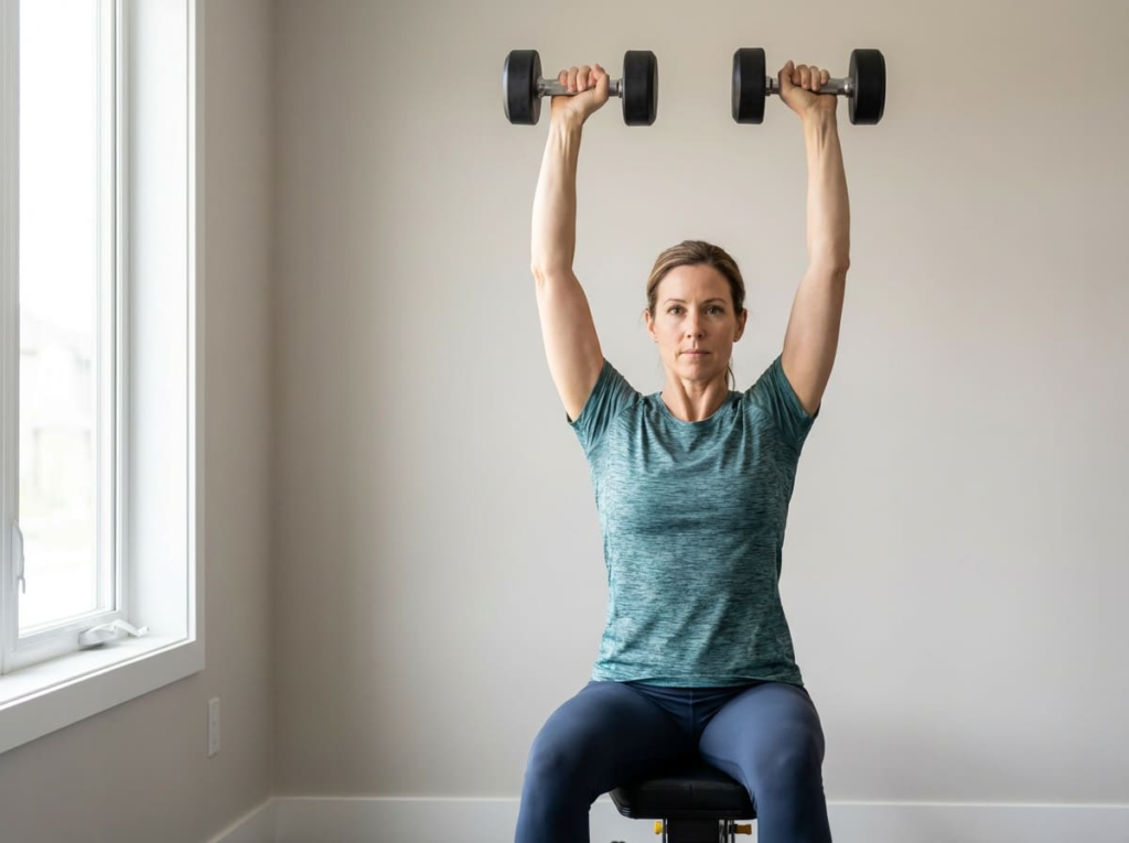 Woman performing shoulder press exercise with dumbbells