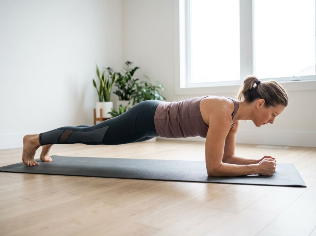 Woman performing plank for core stability while on GLP-1s