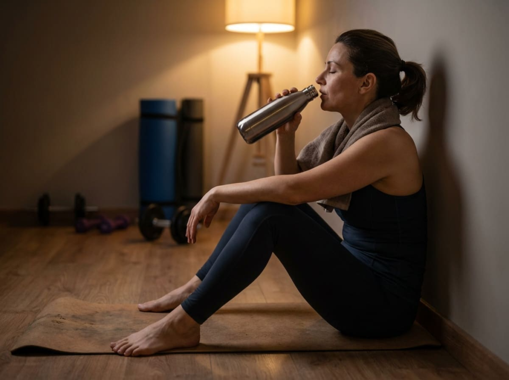 Woman sipping on water from water bottle