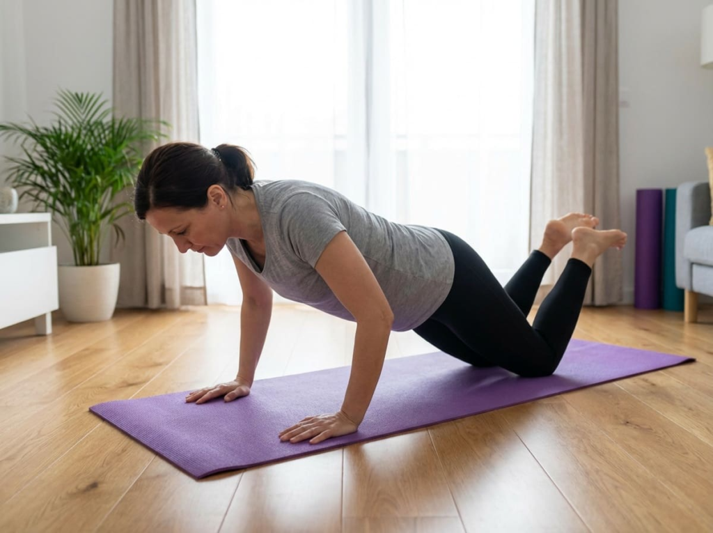 Woman performing pushup on knees