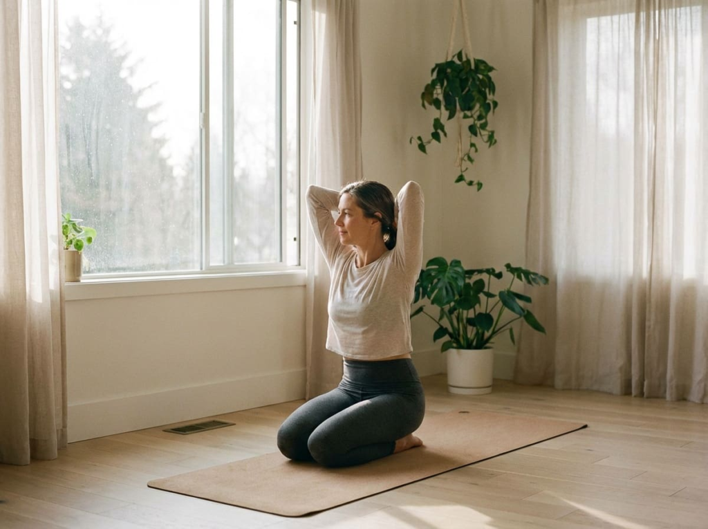 Woman stretching on yoga mat