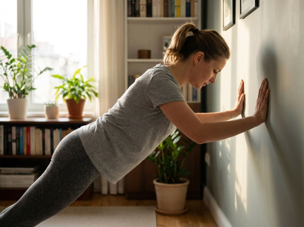 Woman performing wall pushup