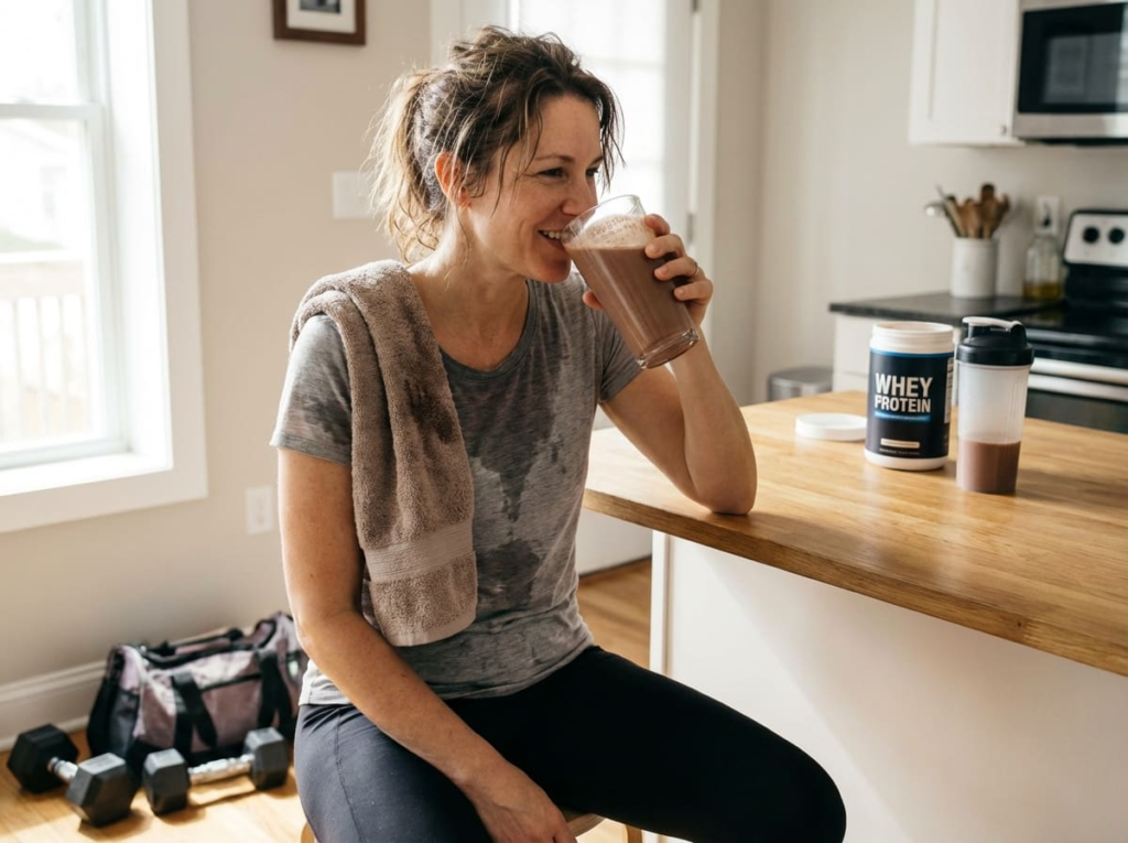 Woman refueling with protein shake after workout
