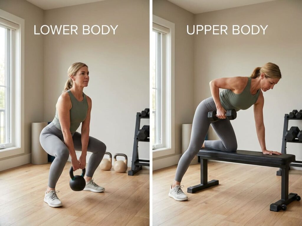 Woman perfoming upper and lower body exercises at home