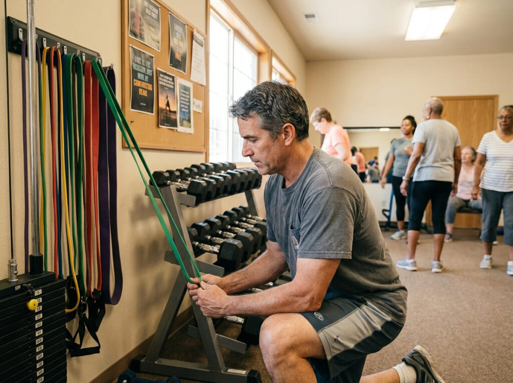 Man loading resistance bands for a workout