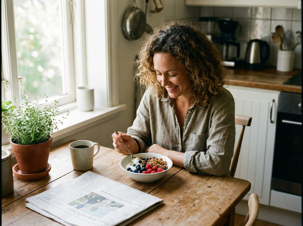 Woman eating bowl of oatmeal