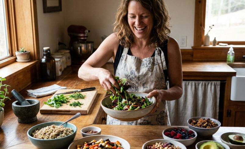 Woman preparing variety of foods for GLP-1 diet