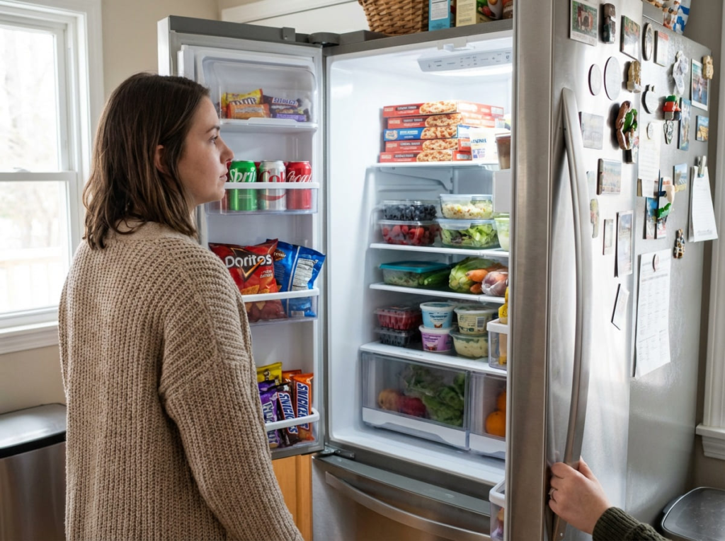 Woman looking at food in fridge after appetite returns from stopping GLP-1s